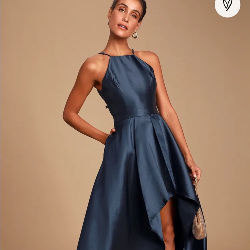 Lulus navy blue formal high low satin dress size small